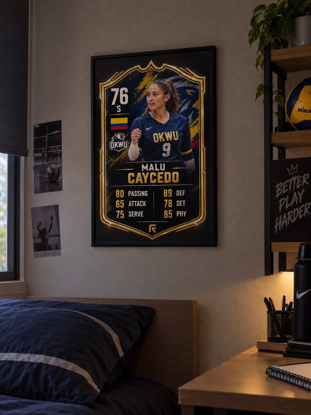 Malu Caycedo's card printed and framed on a bedroom wall