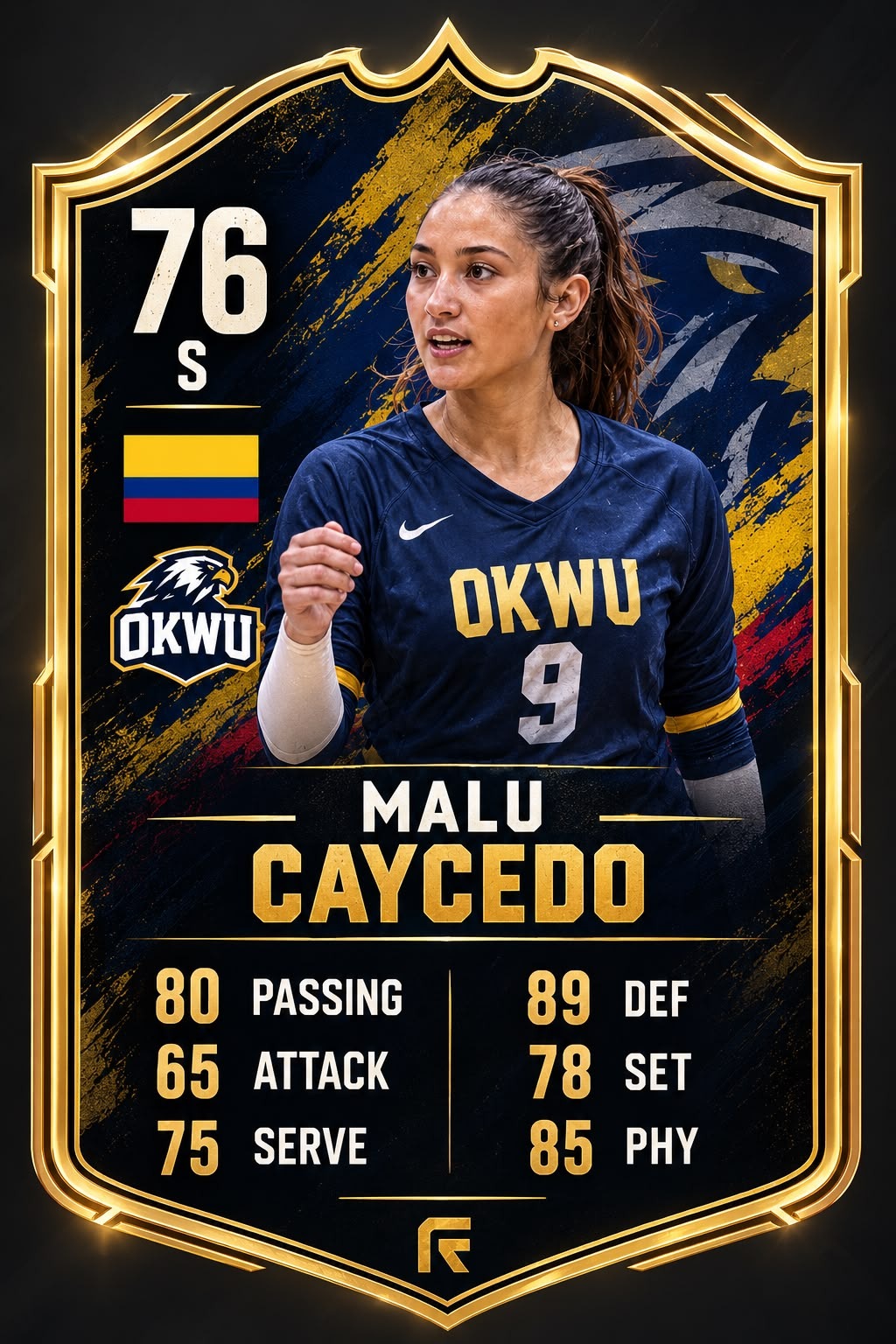 Malu Caycedo's finished ETHOS player rating card, showing her photo, stats, and overall rating